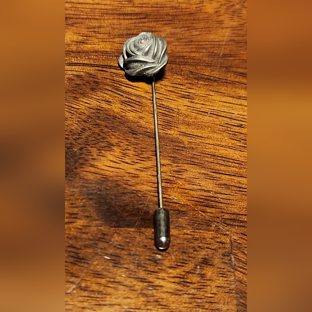 Vintage Kelly Waters pewter blooming rose stick pin, 2 7/8".